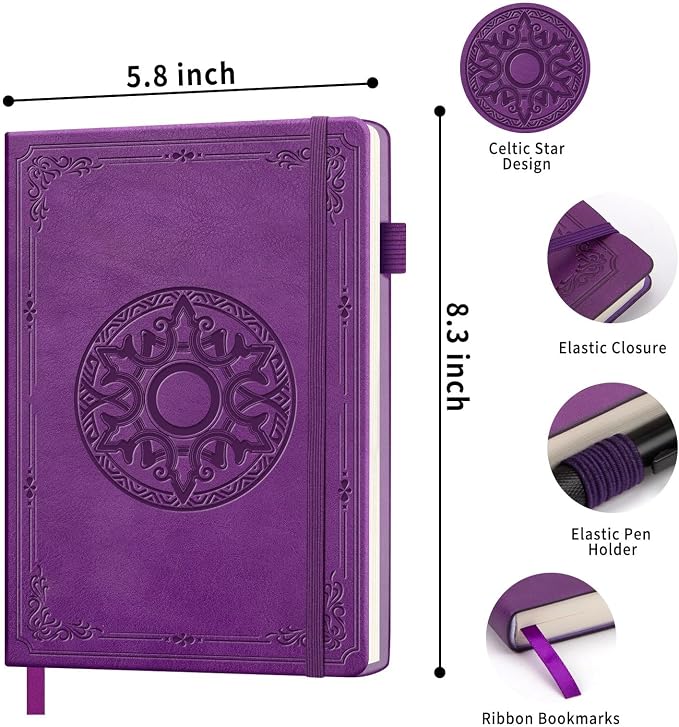Lined Journal Notebook, A5 Leather Vintage Journals for Writing, 288 Pages College Ruled Notepad for Women Men, Vegan Leather Daily Notebook for Work, School, Travel, Note Taking(Celtic Star, Purple)