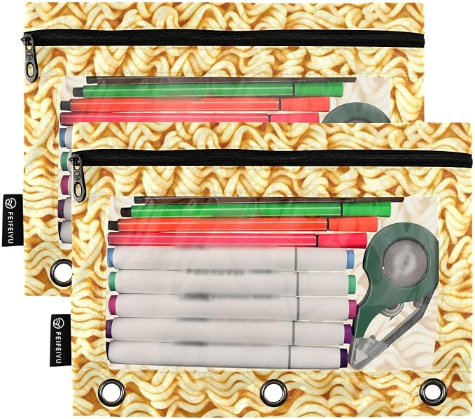 Ramen Noodles Pencil Pouches for 3 Ring Binder, Zipper Binder Pencil Case, 2 Pack Clear Window Case Bag for Office Organizers