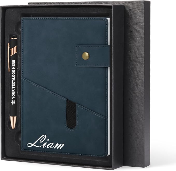 ENOMY A5 Personalized Notebook Journal with Pen & Gift Set Custom Hardcover Notebook 200 Pages Thick Daily Diary for Men Women Lined Journal for Work College Travel Writing, Dark Blue