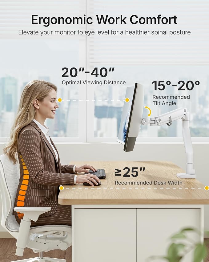 monTEK Heavy Duty Monitor Arm, 17-57" Ultrawide, Gas Spring, with USB，White | Desk Monitor Mount Holds Max 57" Ultrawide Curved Screen Up to 59.4 lbs with USB 3.0A/C,No Sag,Clamp & Grommet Arm,75/100VESA