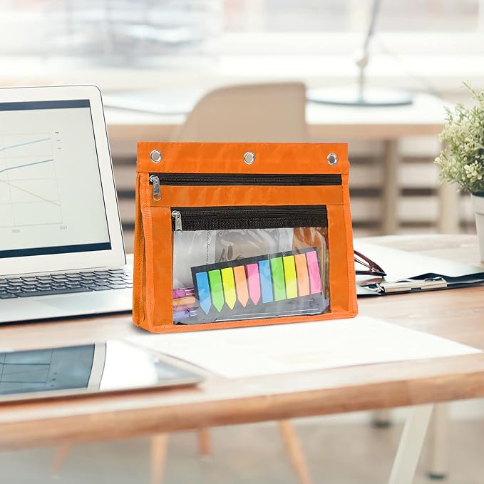 YoeeJob 2 Pack 1 Inch Expandable Zipper Pencil Pouches with Clear Window for 3 Ring Binder, Suitable for School & Office (Orange)