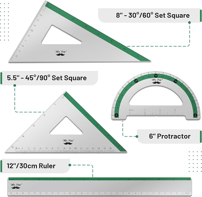 Mr. Pen- Metal Geometry Kit, 4 Pack, 45° & 30°/60° Set Squares | 6" Protractor & 12" Ruler, Durable Metal Drafting Tools for Technical Drawing, Math, Engineering & Architecture