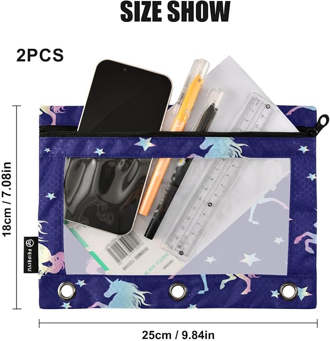 Magic Horse Pencil Pouch Fits standard 3-ring binders, Zipper Binder Pencil Bag with Clear Window for Class Office 2 Pack