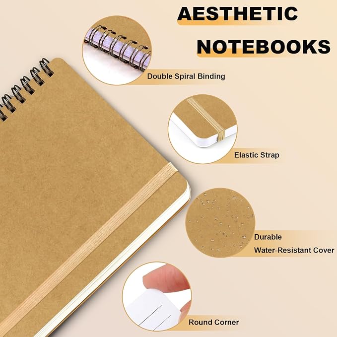 4 PCS Spiral Notebook, Spiral Journal Notebook, Notebooks for Work, Note Taking, School, Small Notebooks with Strap, Cute Notebooks for Women (Khaki)