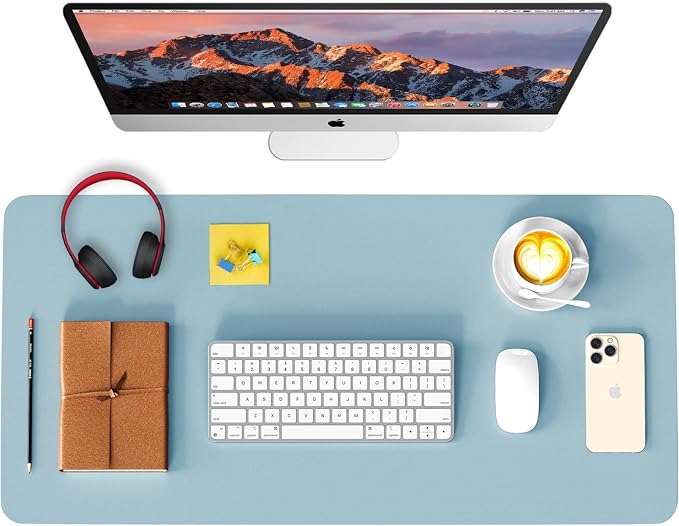 Leather Desk Pad Protector, Waterproof Mouse Pad, PU Desk Mat, Office Desk Cover, Desk Writing Mat for Office/Home/Work/Cubicle (Light Blue) 35.4x17 in