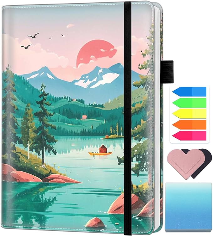 A5 Leather Lined Journal Notebook, 200 Pages Hardcover Executive Notebook for Men Women Office School Note Taking, Thick Writing Paper Daily Journal with Bookmarks/Indexes, Lake Scenery