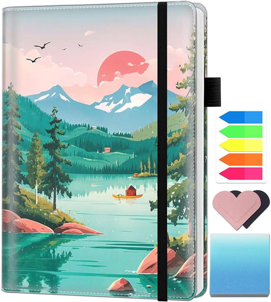 A5 Leather Lined Journal Notebook, 200 Pages Hardcover Executive Notebook for Men Women Office School Note Taking, Thick Writing Paper Daily Journal with Bookmarks/Indexes, Lake Scenery