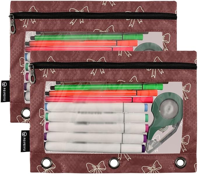 Gredecor 3 Ring Binder Pencil Pouch, Burgundy Maroon Bows Zippered Pen Case Pouches with Clear Window, 2 Pack Stylish Office & School Supplie