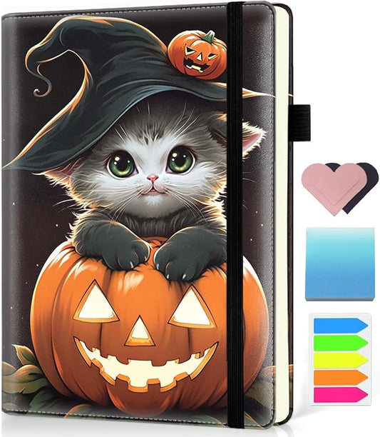 Hardcover Executive Notebooks, A5 PU Leather Lined Journal Notebook, 200 Pages Thick Paper Subject Notebooks for School,Work,Home Writing Business Notebook, Diary Book ， Halloween Cat Pumpkin
