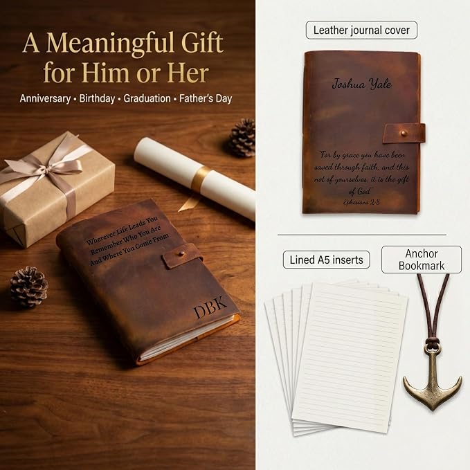 Personalized Leather Journal – Custom Engraved Refillable A5 Leather Notebook for Men & Women – Vintage Writing, Travel & Prayer Journal Gift – Customized Journals & Notebooks
