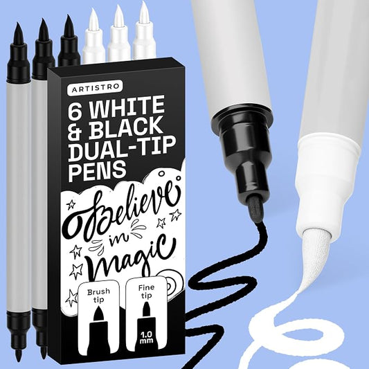 ARTISTRO Acrylic Paint Pens – Dual Tip Markers – Brush & Fine Tip Paint Pens for Calligraphy, Crafts, Greeting Cards, Ornament Decor, DIY Art (Black&White)