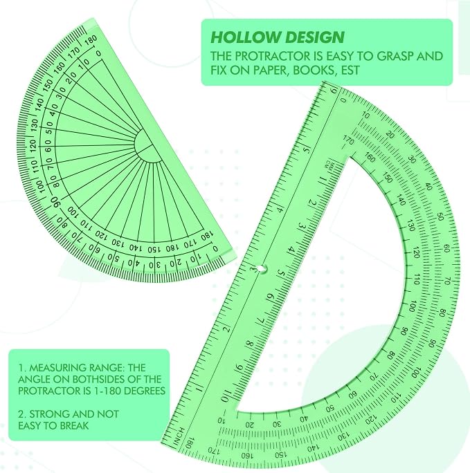 EBOOT 2 Pcs Plastic Protractor Clear 180 Degrees Transparent Protractor for Geometry, 4 Inch and 6 Inch(Green)