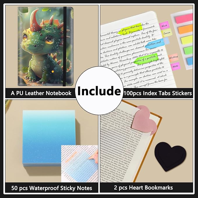 A5 Leather Lined Journal Notebook, 200 Pages Hardcover Executive Notebook for Men Women Office School Note Taking, Thick Writing Paper Daily Journal with Bookmarks/Indexes,Cute Baby Dinosaur