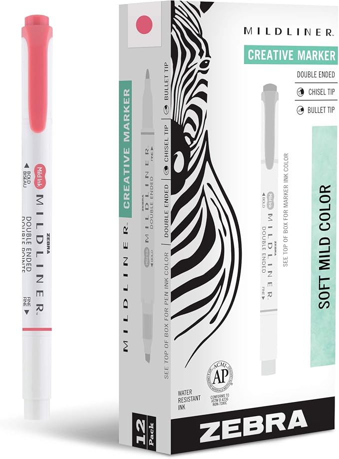 Zebra Pen MILDLINER No Bleed Highlighter, Red Color, Dual Tip, 12-Pack | Broad and Fine Point Tip Marker Set, Ideal for Bible Highlighting, Journaling, Office, School and Teacher Supplies (78130upc)