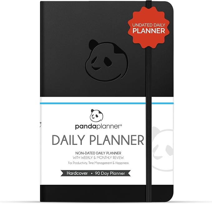 Panda Planner Classic A5 Undated Daily Planner 2026-2027, 8.25 x 5.75 Black | Hourly schedule, to do list, habit tracker, gratitude journal, quarterly layout, 100 GSM paper