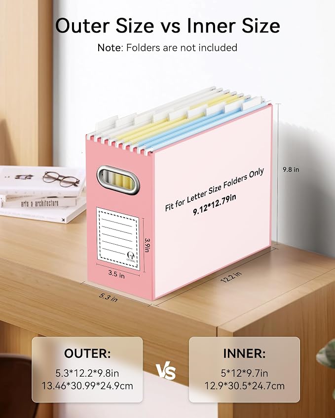Oterri File Organizer Box, Portable Collapsible Cardboard File Folder Organizer with Handle for Letter Size Hanging Files, Document Storage Box for Home Office & Classroom (4 Packs, Mixed Colors)