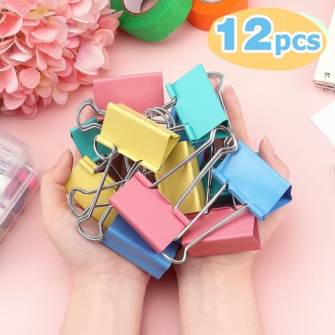 ZZTX 12 Pack Large Binder Clips 2.0 Inches Assorted Colors | Paper Clamps Clips, Durable steel, Strong clip, Color-coded