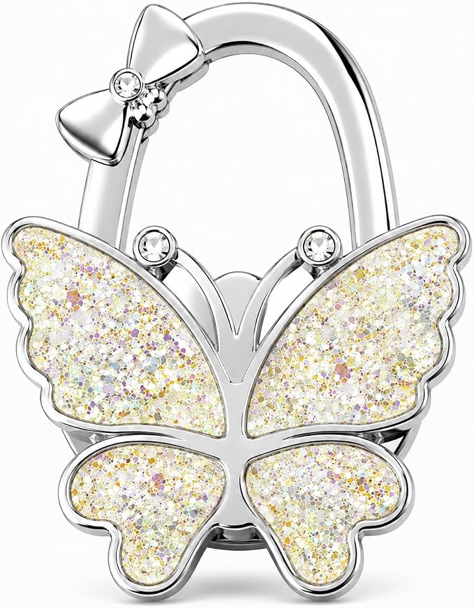 Purse Hook for Table, Foldable Handbag Hanger for Women, Portable Bag Holder with Non-Slip Base, Cute Bling Yellow Butterfly Purse Table Hook for Restaurant Office Travel Gift