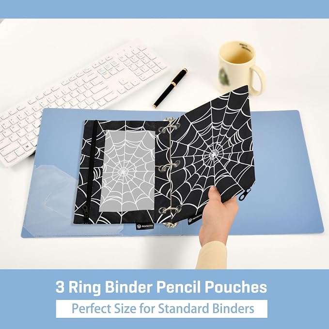 Goth Spider Web Pencil Pouches for 3 Ring Binder 2 Pack | Binder Pencil Case With Zipper Reinforced GrommetsPencil Bags for Office Organizers
