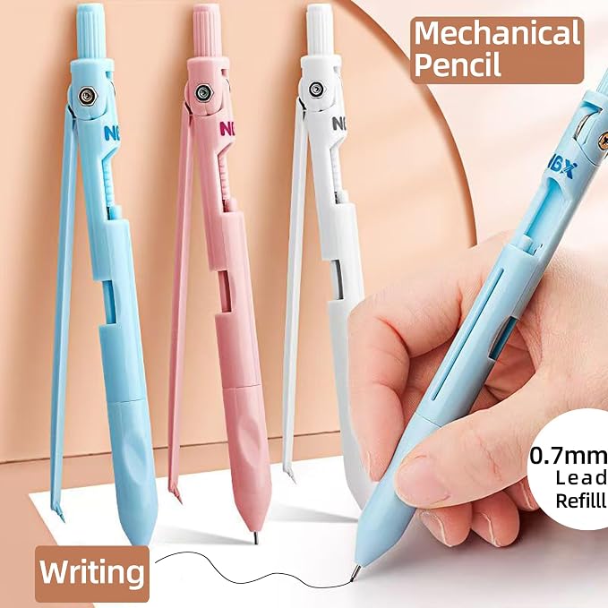 Cute Mechanical Pencil, Metal Grip, Refillable for School Supplies Kid Student Writing, Drafting Drawing Sketching, Mechanical Pencils Set with Lead Refills & Compass & Ruler & Eraser (White,1-PACK)
