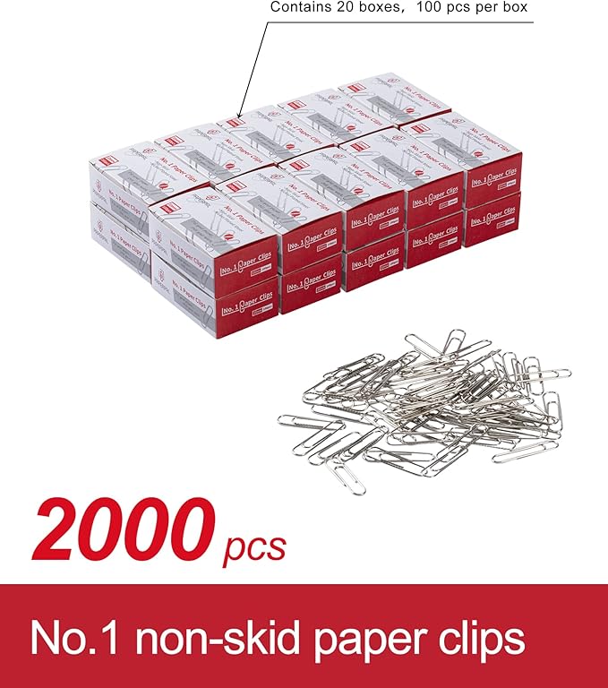 PAPERPAL Paperclips for Office School & Personal Use, #1 Nonskid Paper Clip (1-2/7"), 2000 Medium Paper Clips (20 Boxes of 100 Each), Silver | Value bulk pack of 2,000 medium non-skid paper clips for offices, schools and businesses, packed in 20 boxes ...