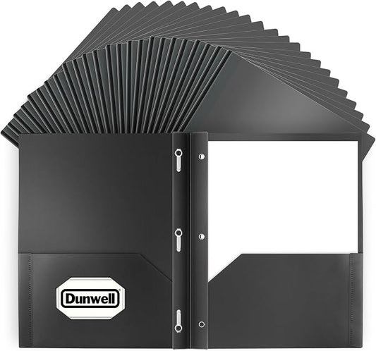 Dunwell Plastic Folders with 3 Prongs, (24 Pack, Black), 2-Pocket Folders with Fasteners, Durable Acid-Free Poly for Long Term Use, Includes Labels