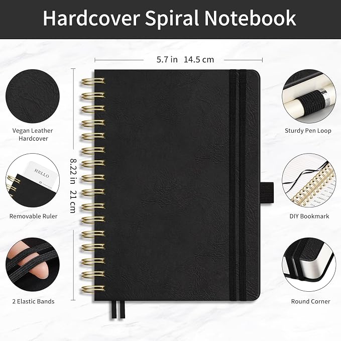 EMSHOI Lined Spiral Journal Notebook, 300 Numbered Pages, A5 (5.7"x8.2") | College Ruled, Leather Hardcover, 100 GSM Thick Paper, for School, Writing, Work, Office & Journaling (Black)