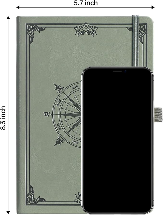 AHGXG Lined Journal Notebook, 192 Numbered Pages, A5 Size (5.7'' x 8.3'') | for Men & Women, Journaling, Writing, Work & Office, Leather Hardcover, 100 GSM Thick Paper (Light Green)