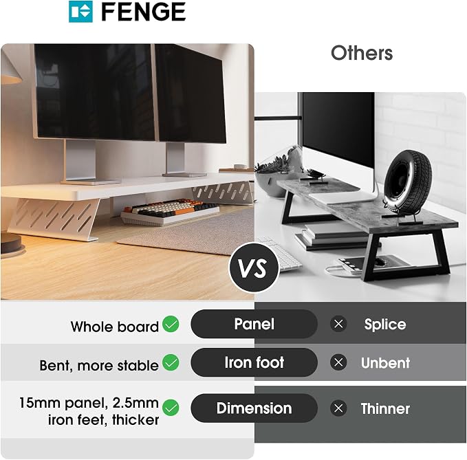 Fenge Monitor Stand Riser, Wooden & Metal Desk Shelf Organizer, White | 42.5 Inch Dual Monitor Riser for 2 Monitors, Multifunctional Monitor Shelf for Laptop, PC, Printer