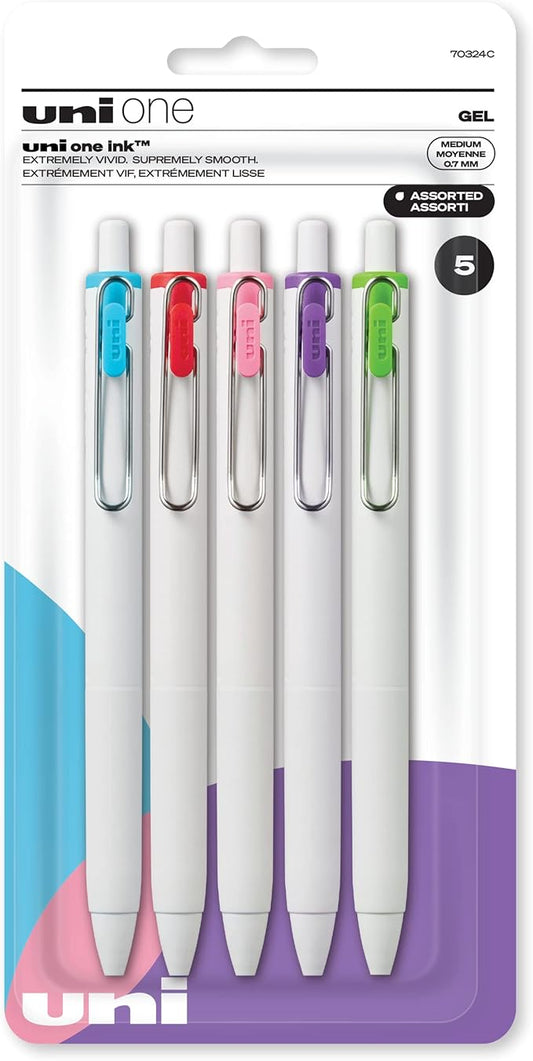 uniball™ one Gel Pens, Medium Point (0.7mm), Assorted Ink, 5 Pack | Ink stays on top of paper fibers for crisp vivid lines, wire pocket clip, color indicator top, smooth barrel & rubber grip