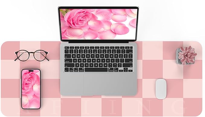 AFIING Pink Checkered Desk Mat, 31.5" x 12"，Waterproof PU Leather Desk pad | Non-Slip Rubber Base, Easy Clean Surface, Desk Protection, Office & Home