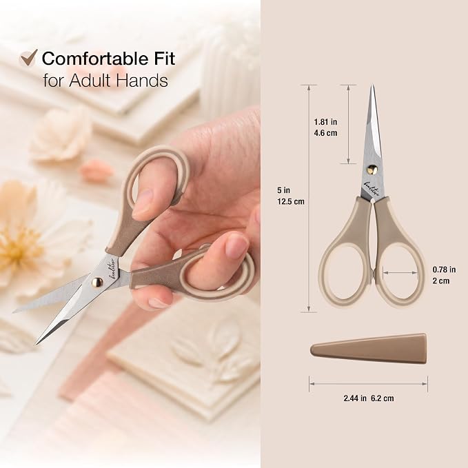 Beaditive Precision Craft Scissors - Ultra Sharp Stainless Steel Blades & Non-Slip TPR Handles - Adult & Kid Scrapbooking Scissors With Safety Cap For Home, Office, School (Milk Tea)