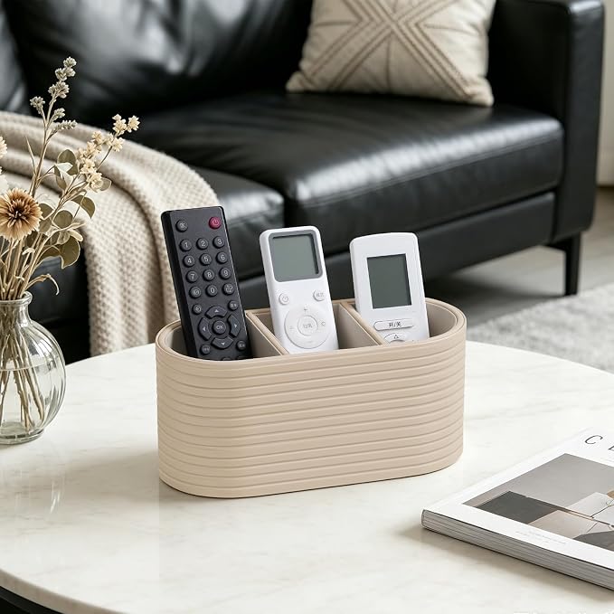 PU Leather Remote Control Holder, Modern Oval Pen Holder for Desk, 3-Compartment Desk Caddy for Remotes, Glasses, Pens, Small Desk Organizer for Nightstand, Coffee Table, Office (Beige)