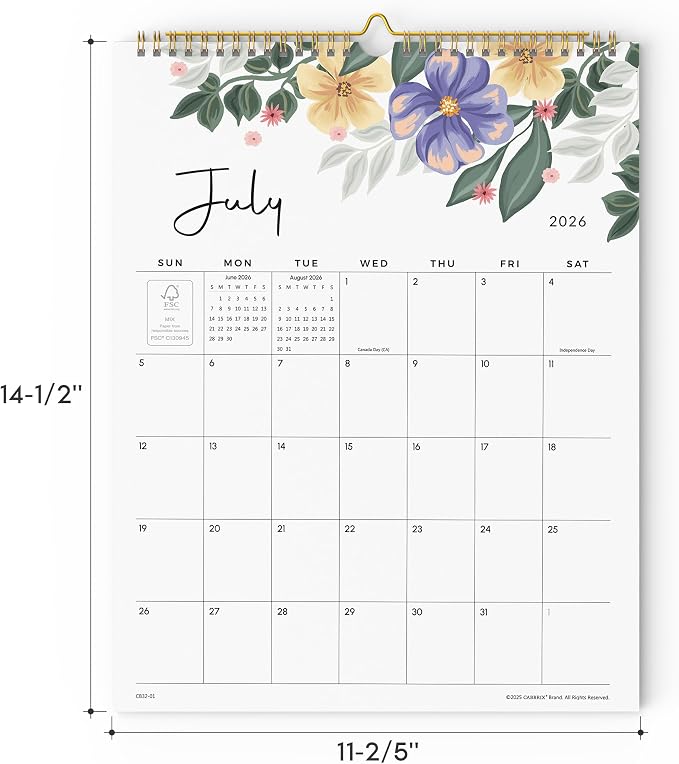 Wall Calendar 2026, 18 Monthly Calendar 2026-2027 from July 2026 to December 2027, 15 x 12 Inches, Hanging Hook, Twin-Wire Binding, Floral Design Calendar for Easy Organizing