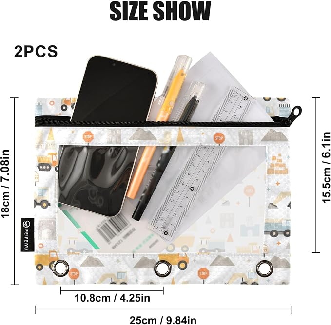 Monster Truck White Binder Pouches 3 Ring for Boys Girls School Office College Supplies Roadster Racing Cars Pencil Pouches Case Bag with Clear Window and Zipper 2 Pack