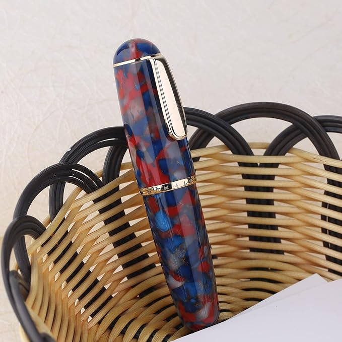 Lanxivi Majohn Q1 Fountain Pen Medium Point Blue Red Acrylic, Little Fat Man Eyedropper Filling Pocket Pen Large Capacity
