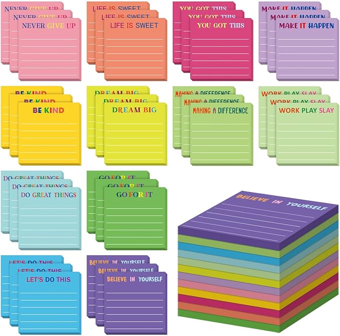 Yinder 48 Pcs Inspirational Sticky Notes, Back to School Supplies, Cute Motivational Sticky Notes Pad Employee Appreciation Gifts Bulk for Teacher Coworker Office 3 x 3'' (Motivational,Dark Color)