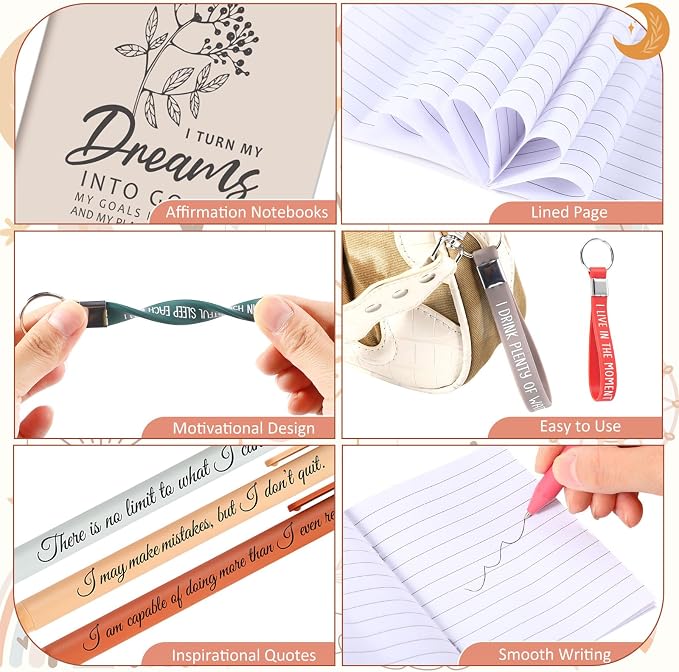 Mooliwe 48 Set Positive Affirmation Gift Set Gratitude Notebooks with Pens Keychains Small Bags Motivational Party Favors for Adult Women Coworkers Employee Group (Vibrant)