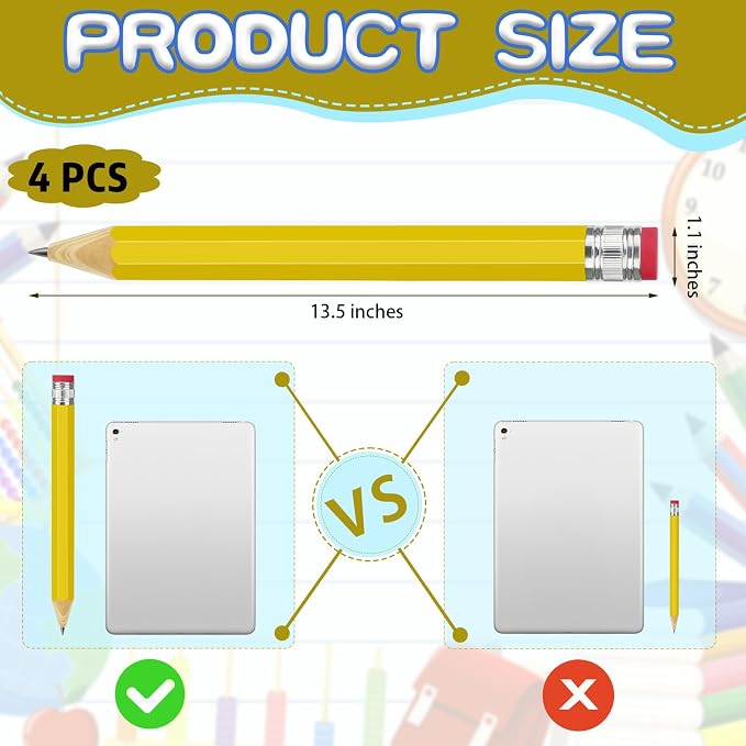 SAYAYA 4 Pack Jumbo Wooden Pencils 13.5 Inch Funny Giant Novelty Pencils for Gag Gifts, School Props, Birthday Parties, Decorative Use & Art Projects, Home Office Supplies, Yellow