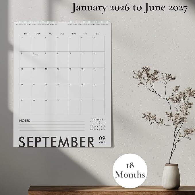 Modern Vertical Wall Calendar 2026-2027 - 18 Month Calendar January 2026 to June 2027, 11x13.5 Inches Sleek Black & White Design with Spiral Twin-Wire Binding
