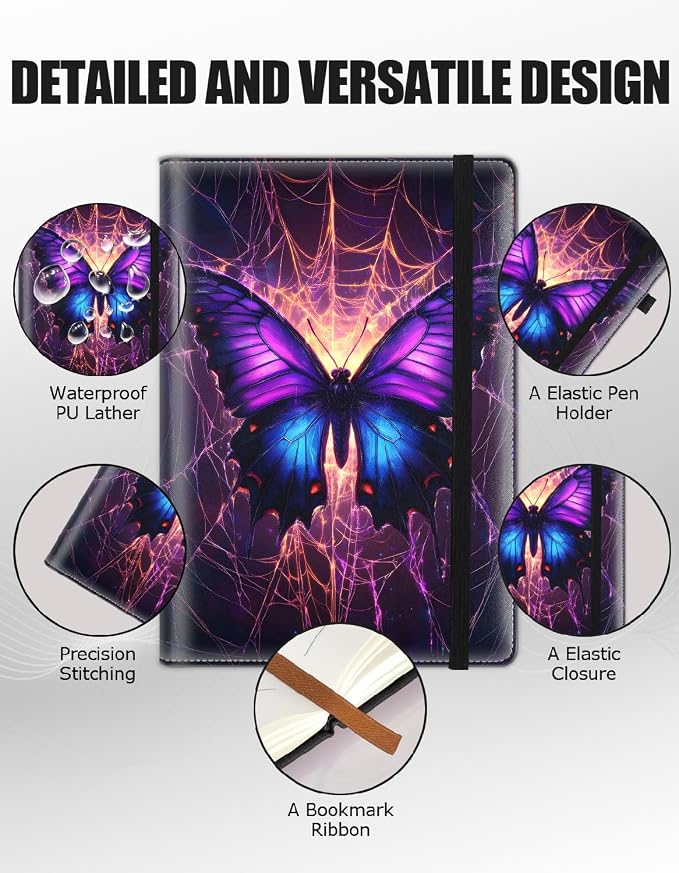 Hardcover Executive Notebooks, A5 PU Leather Lined Journal Notebook, 200 Pages Thick Paper Subject Notebooks for School,Work,Home Writing Business Notebook, Diary Book ，Purple Butterfly Spider Web