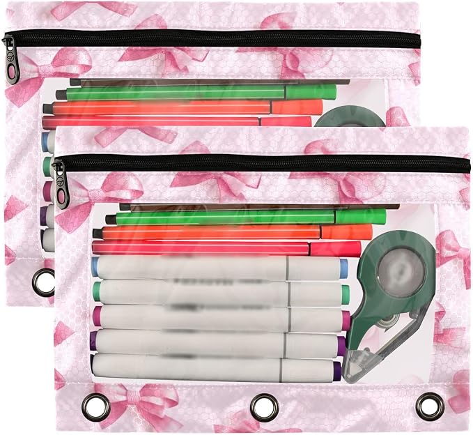Pink Bows (1) Pencil Pouch Fits standard 3-ring binders, Zipper Binder Pencil Bag with Clear Window for Office 2 Pack