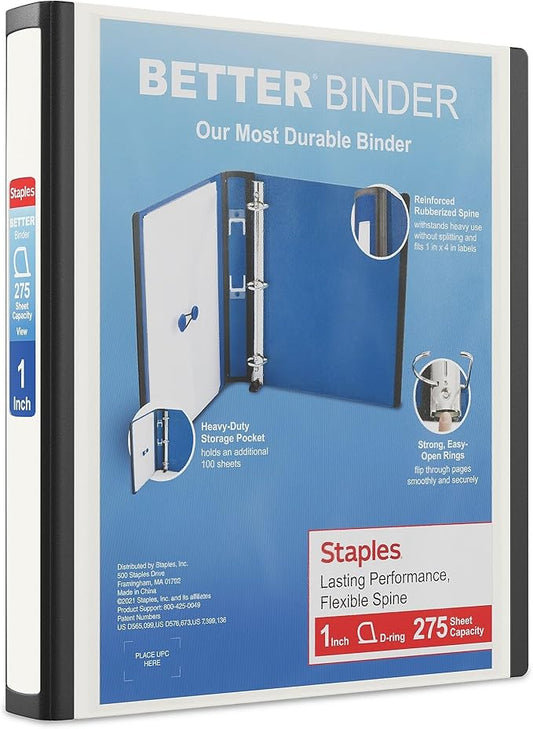 Staples Better Binder, 1" Heavy‑Duty D‑Ring 3‑Ring Binder, White, Reinforced Spine, 275‑Sheet Capacity, Durable Binder for Reports, Classes & Office Use, 3‑Pack