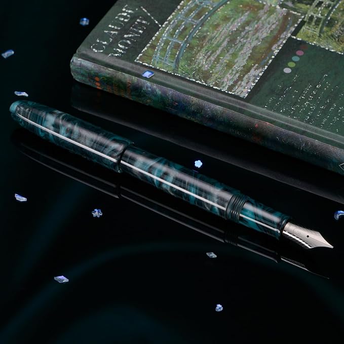 Asvine C80 Fountain Pen #8 Stub 1.1mm Nib Large Handcraft Calligraphy Art Drawing Pen with Converter Pen Case Collection Set (Green Ripple)