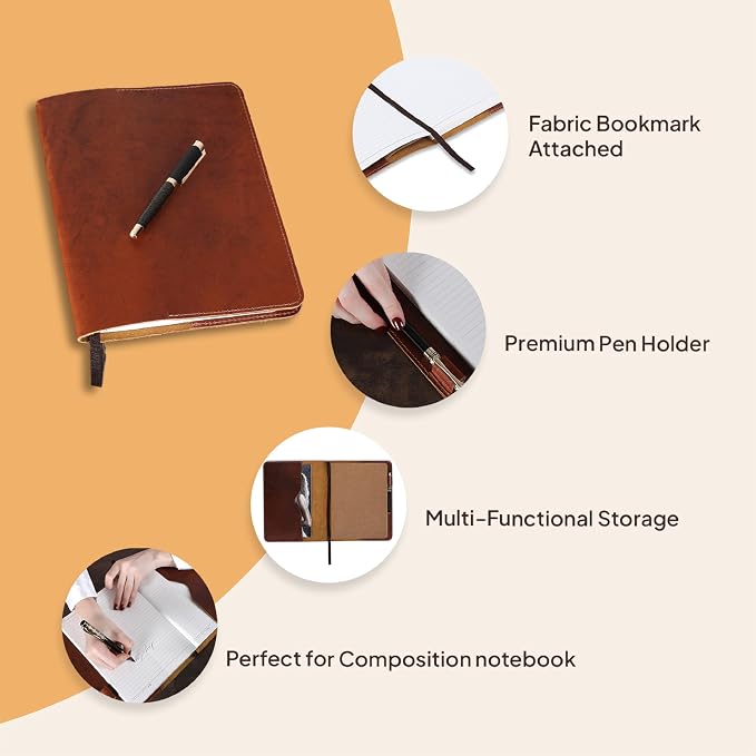 Tan B5 Journal Cover for Field Notes - 7.5x10 XL Leather Notebook Cover Planner Cover, Refillable Leather Journal Cover, Composition Notebook Cover & Diary Cover for Travel
