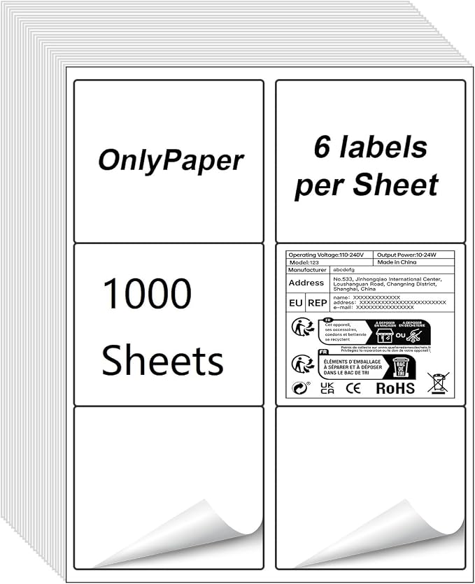 1000 Sheets 6 UP Labels,Shipping Address Label 3-1/3" x 4",Self Adhesive Sticker,FBA Labels for Laser & Inkjet Printer Suits Personal & Business Needs (6000 Labels)