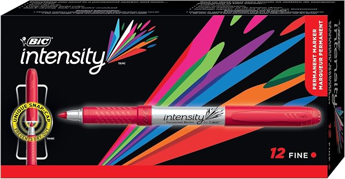 BIC Intensity Red Permanent Markers, Fine Point, 12-Count Pack of Red Markers With Non-Slip Grip for Comfort and Control