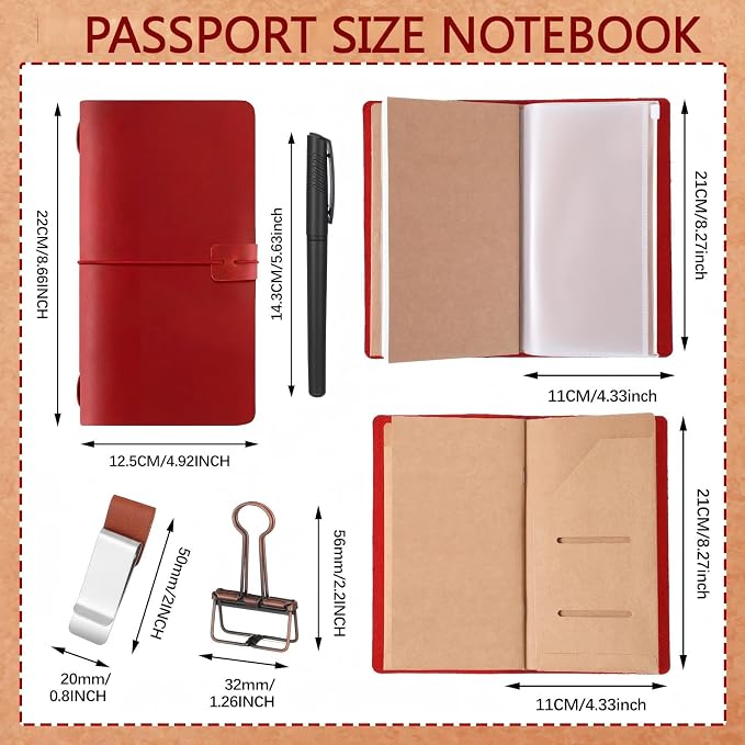 Thenshop Travelers Refillable Leather Journal Notebook Travel Diary Handmade Passport Travelers Journal for Men and Women with 3 Notebook Inserts, Pen Holder, Binder Clip(Wine Red,Stand Size)