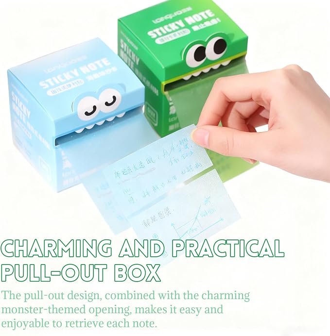 Monster Pattern Sticky Note, Pastel Pull-Out Memo Pads, 2-Pack Transparent Self-Adhesive Notes with Colorful Designs (Gradient Green + Rainbow)