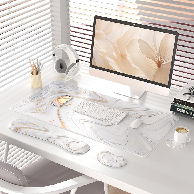 QIYI Leather Desk Mat Set, 4-in-1 Large Mouse Pad with Ergonomic Wrist Rest, Waterproof Desk Pad + Keyboard Wrist Rest + Mouse Wrist Support+Coaster, Non-Slip Office Gaming Accessories, Marble Stripes